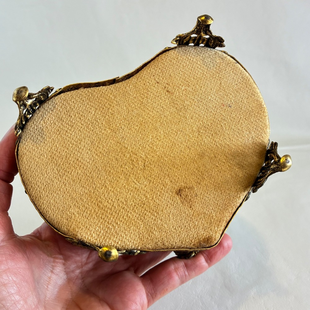 Vintage Gold Tone Heart Shaped Jewelry Box Ormolu Filigree Glass Lid Footed - Picture 4 of 16